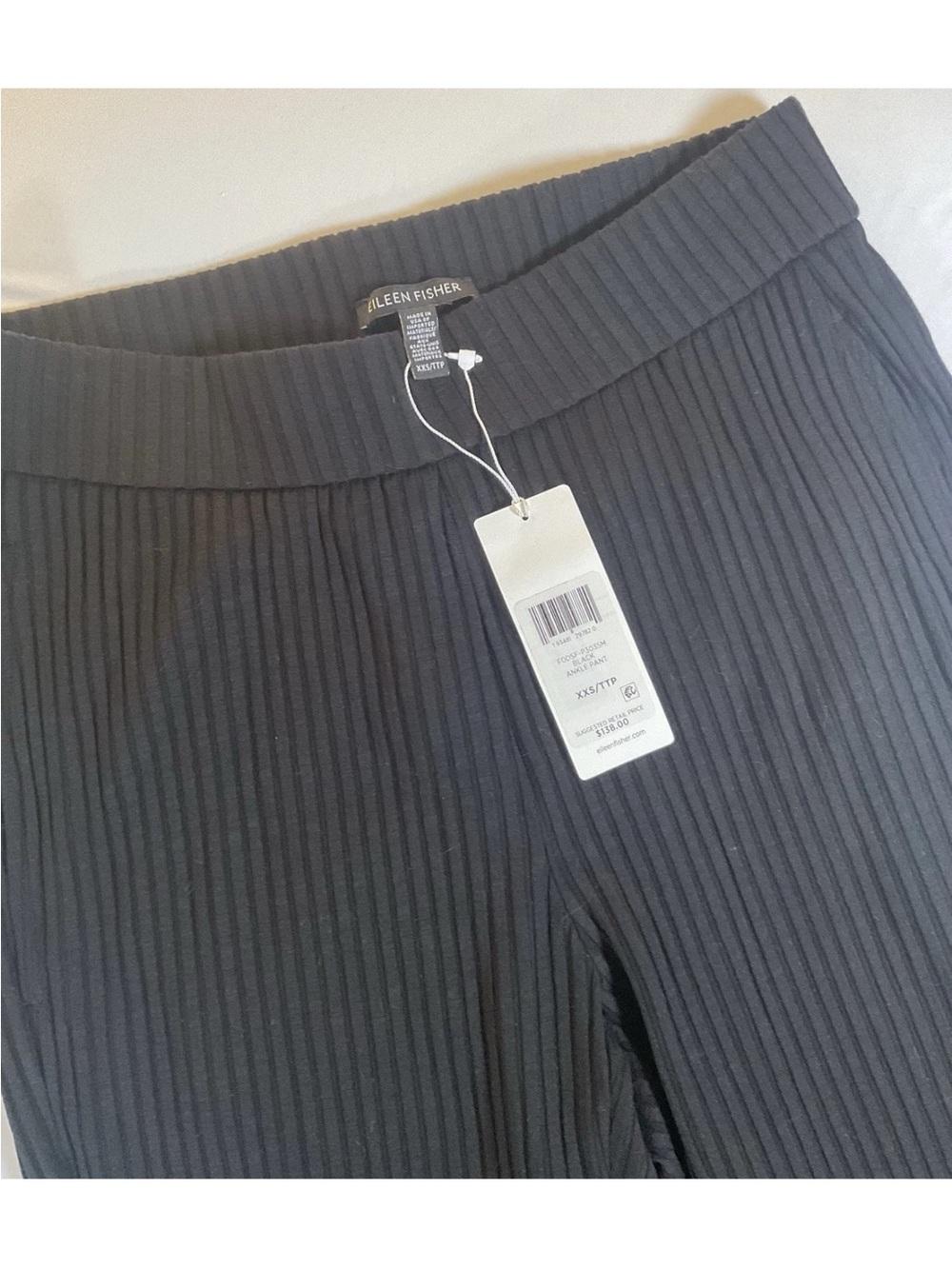 NWT Eileen Fisher Black Ribbed Straight-Leg Pull-On Pants